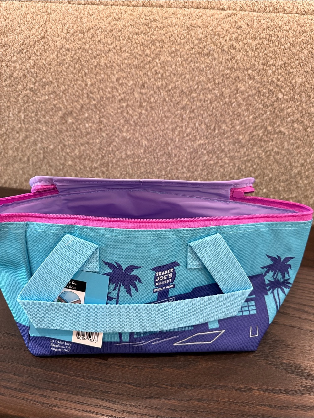 Trader Joe's Blue & Purple Insulated Lunch Tote with Pink Trim